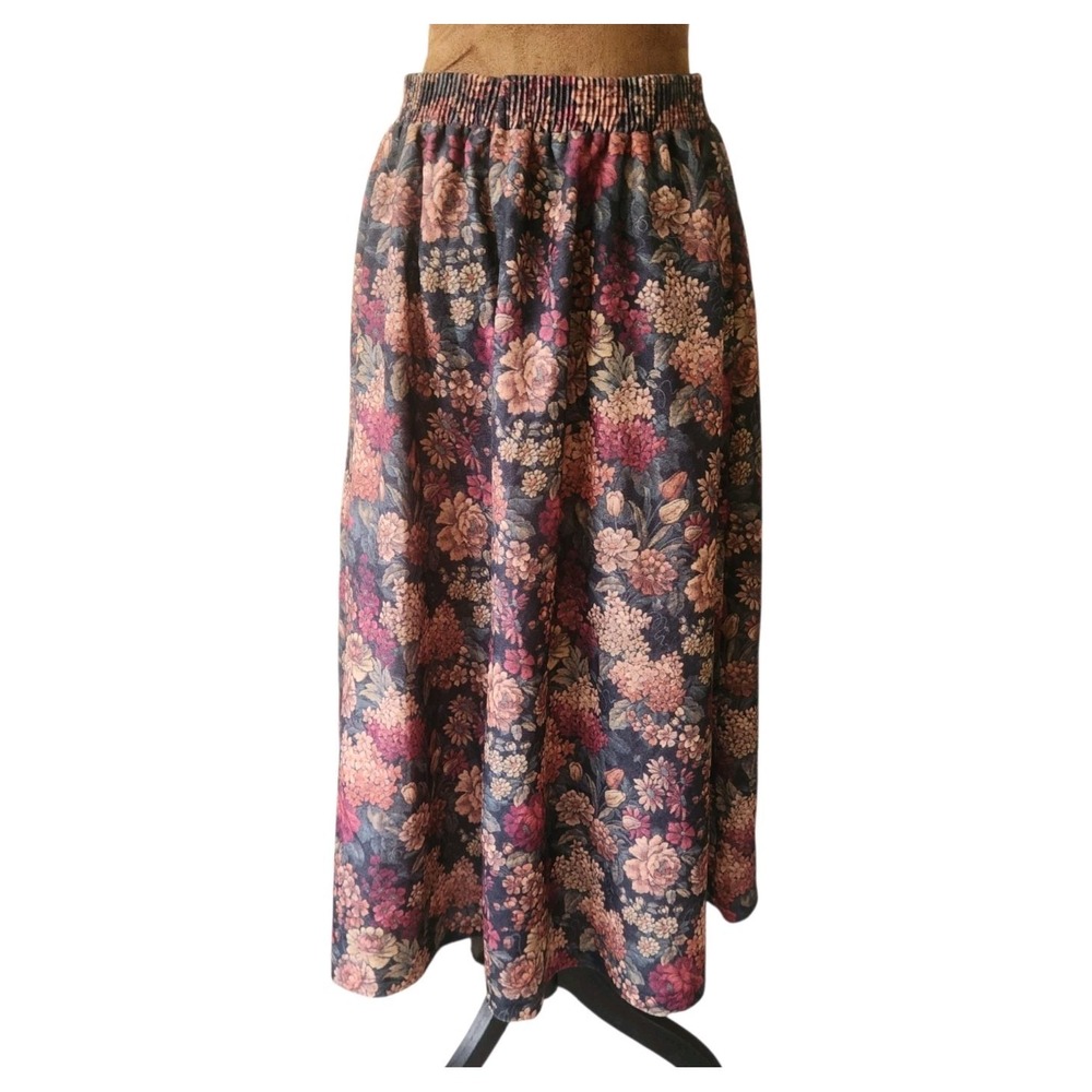 Vintage Inseparables Midi Skirt 90s Dark Cottagecore Floral Microfiber Stretch‎